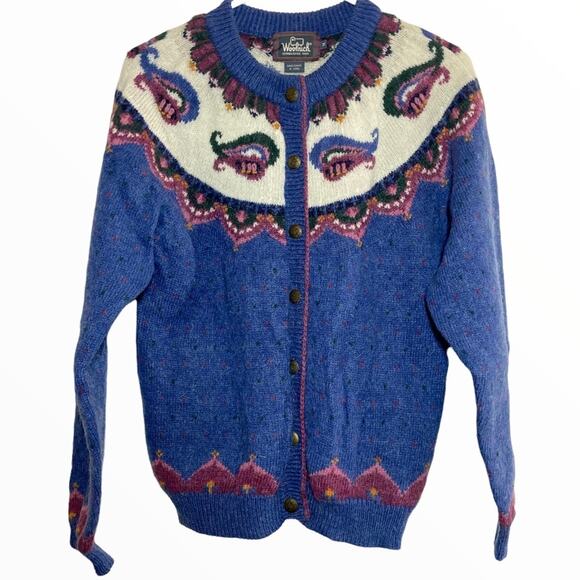 Woolrich Mohair Wool Cardigan Paisley Button Handframed Artic Blue Heather M - Picture 1 of 6